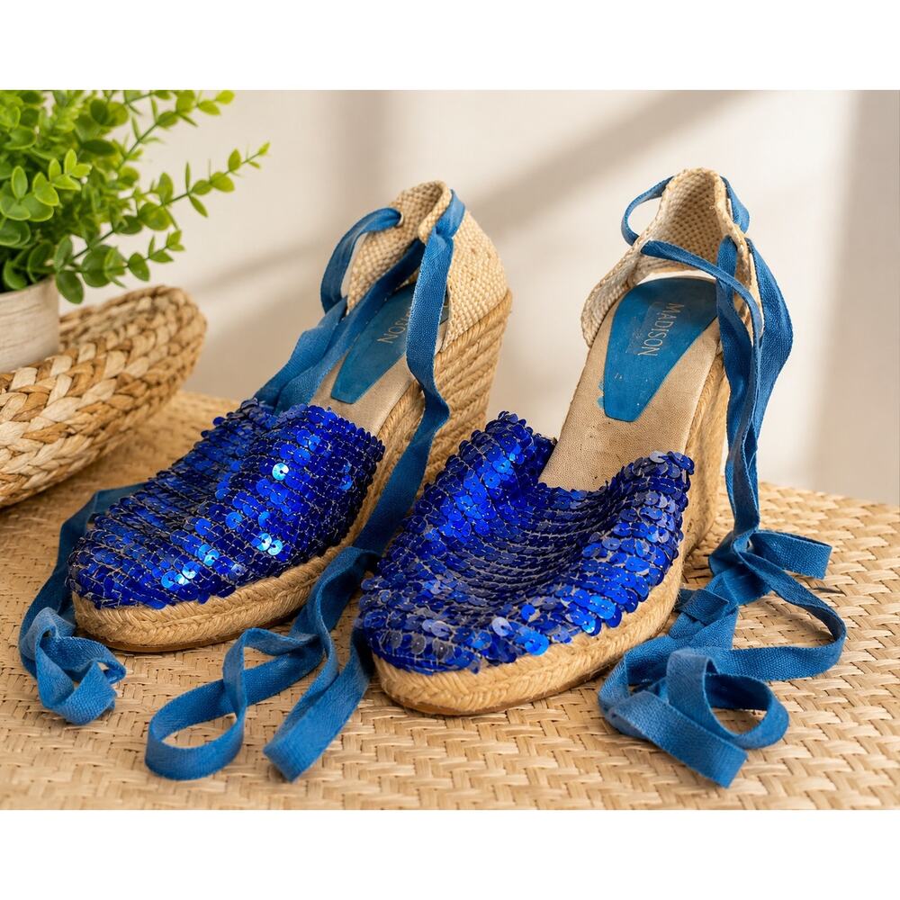 Madison Blue Sequin Espadrille Wedge Sandals Lace Up EU 38 US 7.5 Festival